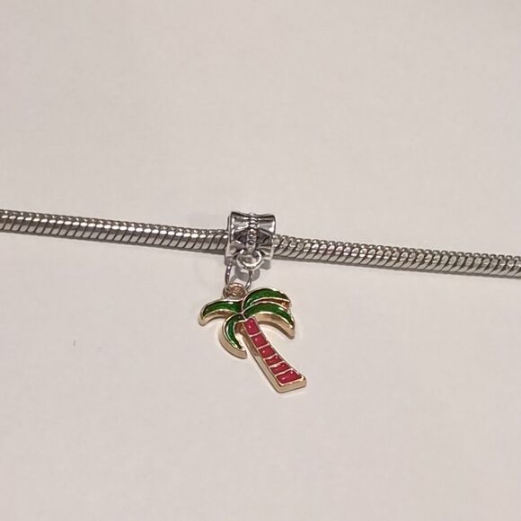 Silver Gold Palm Tree Enamel Dangle Charm for Pandora Style‎ Bracelet - Picture 1 of 4